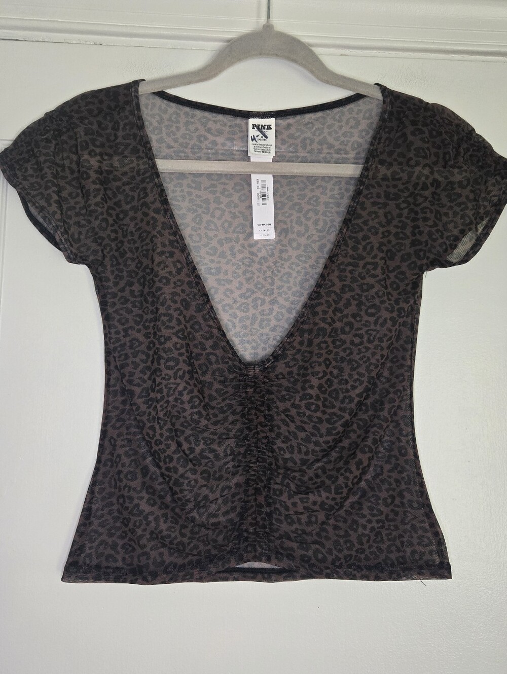 PINK Victoria's Secret Black & Brown Leopard Print V-Neck Sheer Top Med NWT
